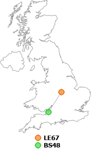 map showing distance between LE67 and BS48