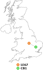 map showing distance between LE67 and CB1