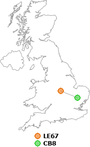 map showing distance between LE67 and CB8