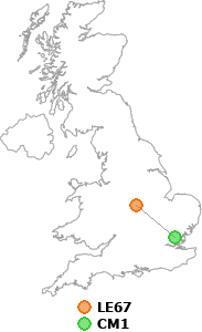 map showing distance between LE67 and CM1