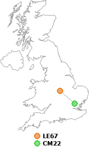 map showing distance between LE67 and CM22