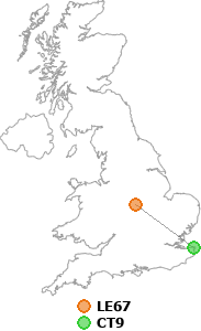 map showing distance between LE67 and CT9