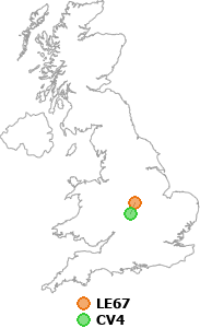 map showing distance between LE67 and CV4