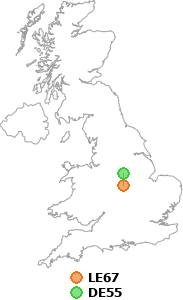 map showing distance between LE67 and DE55