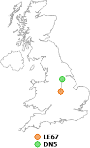 map showing distance between LE67 and DN5