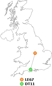 map showing distance between LE67 and DT11