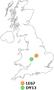 map showing distance between LE67 and DY13