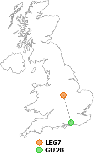 map showing distance between LE67 and GU28