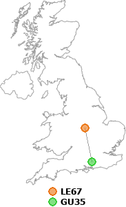 map showing distance between LE67 and GU35