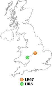 map showing distance between LE67 and HR6