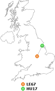 map showing distance between LE67 and HU17