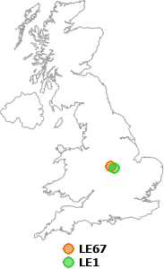 map showing distance between LE67 and LE1