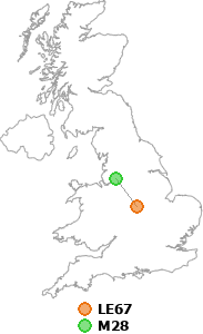 map showing distance between LE67 and M28