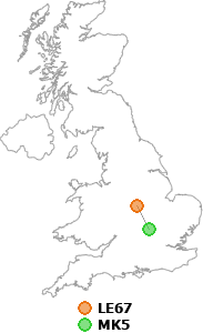 map showing distance between LE67 and MK5