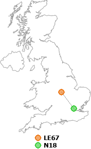 map showing distance between LE67 and N18