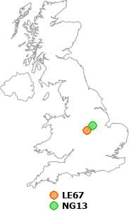 map showing distance between LE67 and NG13