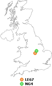 map showing distance between LE67 and NG4