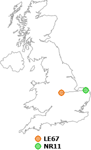 map showing distance between LE67 and NR11