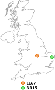 map showing distance between LE67 and NR15