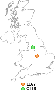 map showing distance between LE67 and OL15