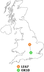 map showing distance between LE67 and OX10