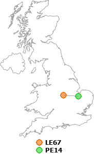 map showing distance between LE67 and PE14