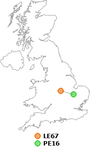 map showing distance between LE67 and PE16