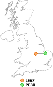 map showing distance between LE67 and PE30