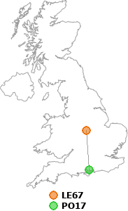 map showing distance between LE67 and PO17