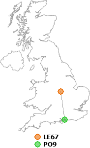 map showing distance between LE67 and PO9