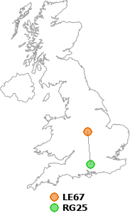 map showing distance between LE67 and RG25