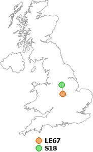 map showing distance between LE67 and S18