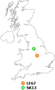 map showing distance between LE67 and SK13