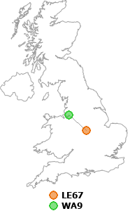 map showing distance between LE67 and WA9