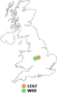 map showing distance between LE67 and WS9