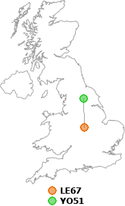 map showing distance between LE67 and YO51