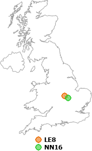 map showing distance between LE8 and NN16