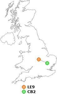 map showing distance between LE9 and CB2