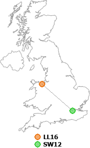 map showing distance between LL16 and SW12