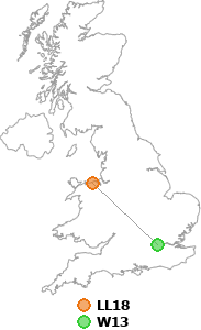 map showing distance between LL18 and W13