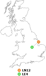 map showing distance between LN12 and LE4