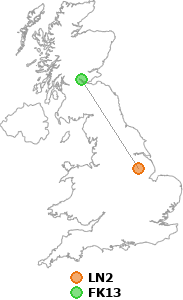 map showing distance between LN2 and FK13