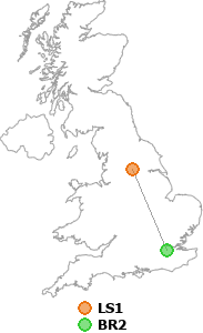 map showing distance between LS1 and BR2