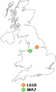 map showing distance between LS10 and WA7