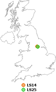 map showing distance between LS14 and LS25