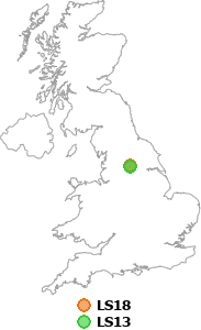 map showing distance between LS18 and LS13