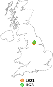 map showing distance between LS21 and HG3