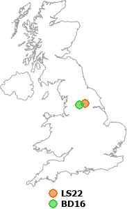 map showing distance between LS22 and BD16