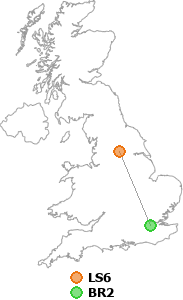 map showing distance between LS6 and BR2