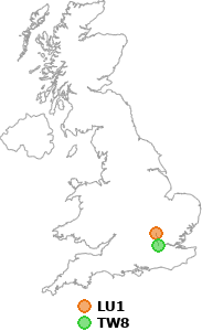 map showing distance between LU1 and TW8